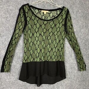 Michael Michael Kors Long Sleeve Stretch Top S Reptile Pattern Olive Black Hi-Lo